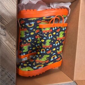 Joules Kids Rain Boots with Dino and Rainbow - Orange and Green